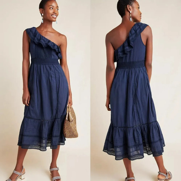 Anthropologie Velvet by Graham & Spencer One-Shoulder Lace Midi Dress XS Blue - Picture 2 of 8